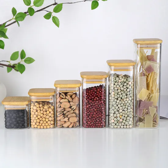 Empty Wide Mouth Airtight Square Glass Storage Jar with Bamboo Wood Lid