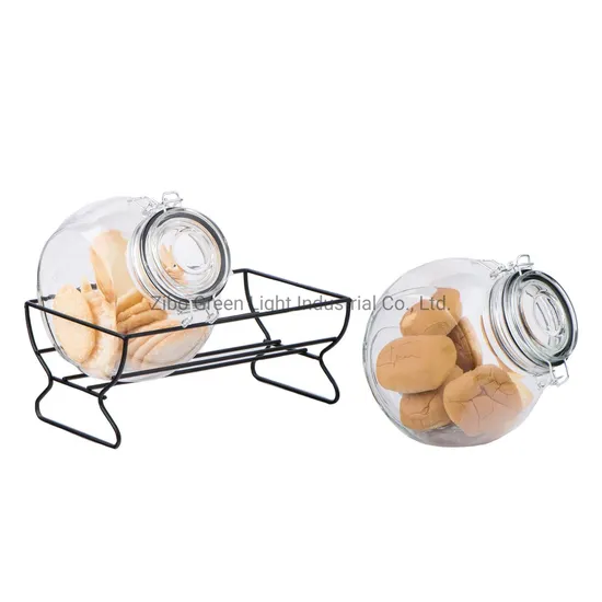 2PCS 2.2L Airtight Glass Storage Jar with Metal Rack Glass Cookie Jar