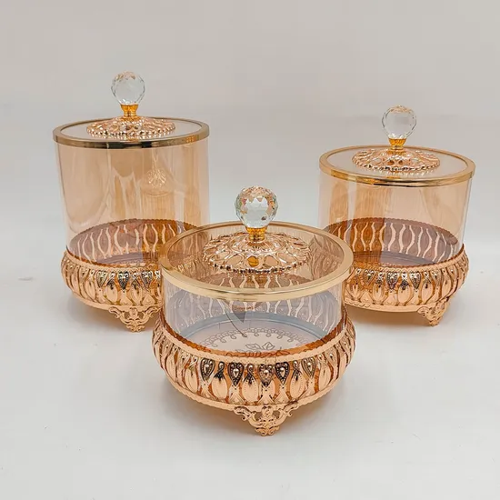 Golden Plated Candy Fruit Glass Cover Decorative Ornament Can