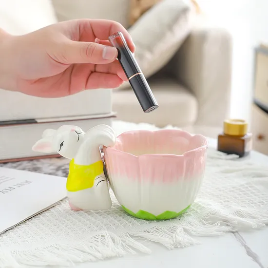 Ceramic Small Cute Rabbit with Flower Bowl Pink Fresh Spring Holder Home Living Room Lipstick Skin Care Product Storage Jar