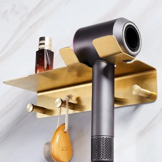 Black Bathroom Organizer Wall Mounted Brass Hair Dryer Holder with Hook