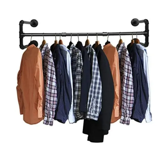 Industrial Pipe Clothes Rack-43 Inch Heavy Duty Detachable Wall Mounted Black Iron Garment Bar Multi-Purpose Hanging Rod for Closet Storage