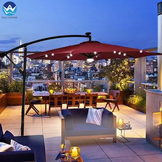 Wholesale Custom Logo Large Size Garden Umbrella Heavy Duty Outdoor Garden Beach Sunshade Parasol Manual Lift Solar Patio Sun Umbrella LED Lights