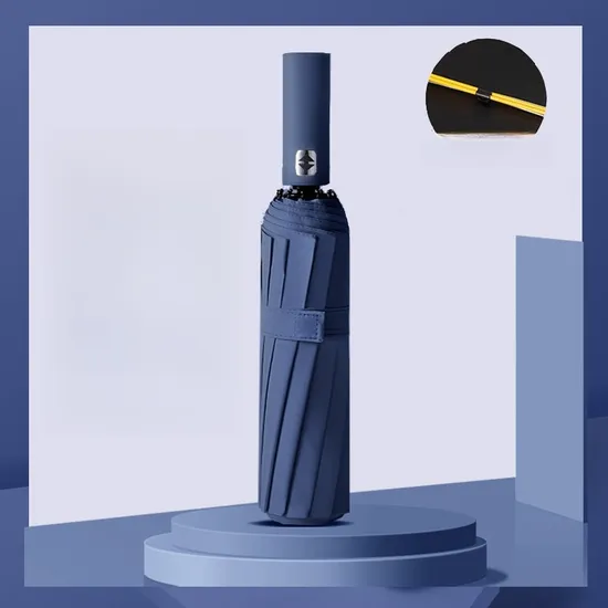 Promotional 12K Double Bone 3 Folding Custom Automatic Rain Sun Gift Advertising Outdoor UV Umbrella with Logo Printing Navy Blue