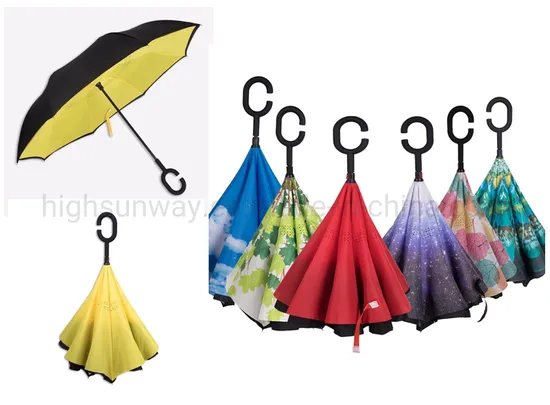 Double Layer Inverted Umbrellas Reverse Folding Umbrella Windproof Big Straight Umbrella for Car Rain Outdoor with C-Shaped Handle