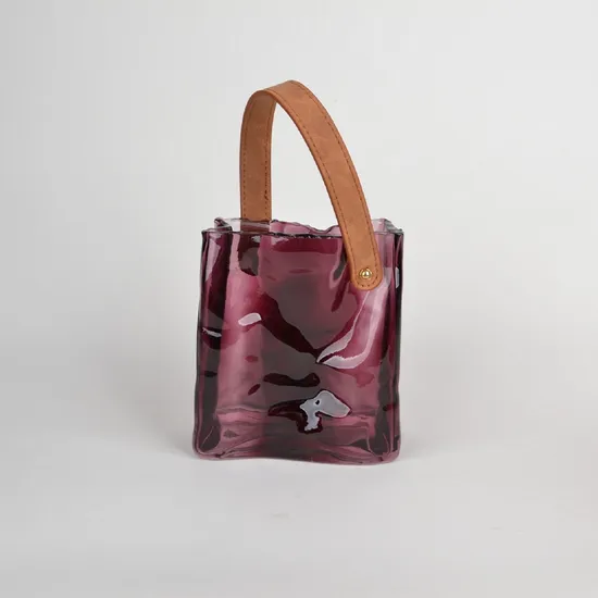 Art Craft Handmade Glass Bag Vase with Leather Handle for Home Decor