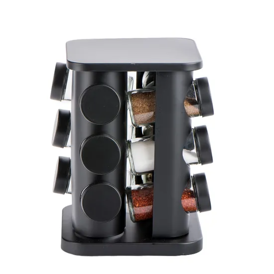 12PCS Round Glass Spice Jar Set with Black Metal Lid and Square Revolving Metal Stand