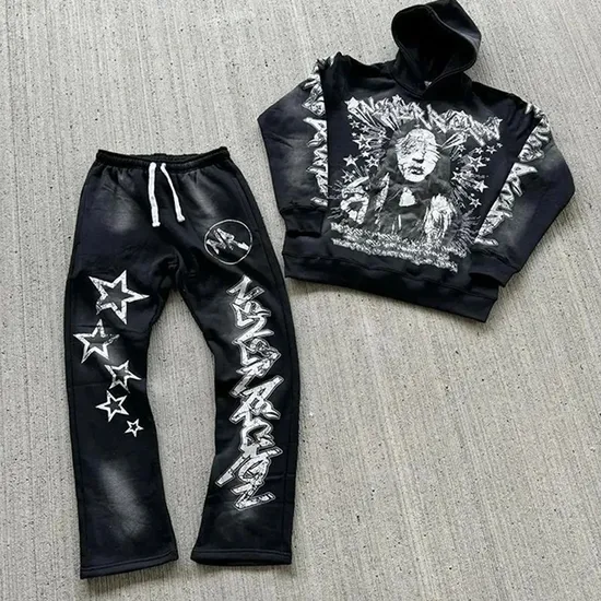 Streetwear Manufacturer Distressed Print Sweatpants and Hoodie Set Men Vintage Acid Wash Custom Sweatsuit Tracksuit