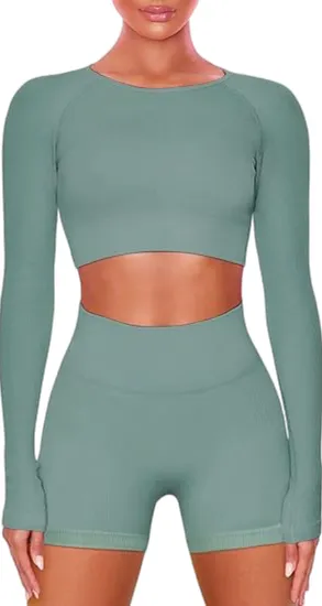 2 Pieces Long Sleeve Yoga Outfits Gym Clothes Seamless Ribbed Crop Top