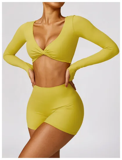 Long Sleeve Sports Tank Top Yoga Shorts Sets Workout Clothing Women Gym Fitness Sets