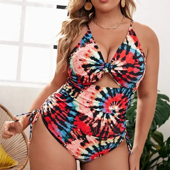 One-Piece Bikini Digital Printing Shirring Hollow Plus Size Swimsuit Women