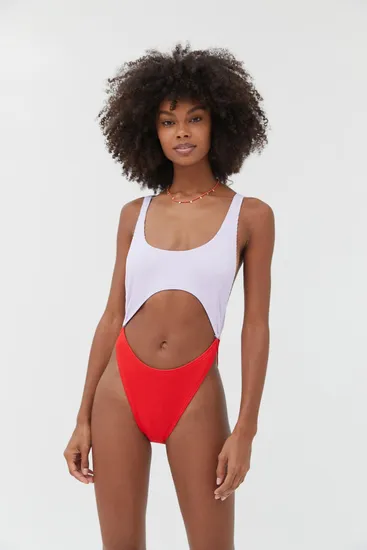 Red and White Color Matching High Leg Opening Slim Sexy Figure Flattering One-Piece Swimwear Swimsuit for Ladies