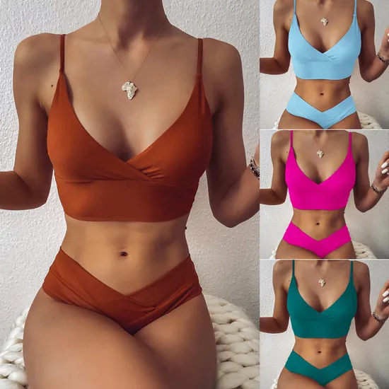 Women′s Sexy Summer Swimsuit Solid Color Cross High Waist 2 Piece Bikini