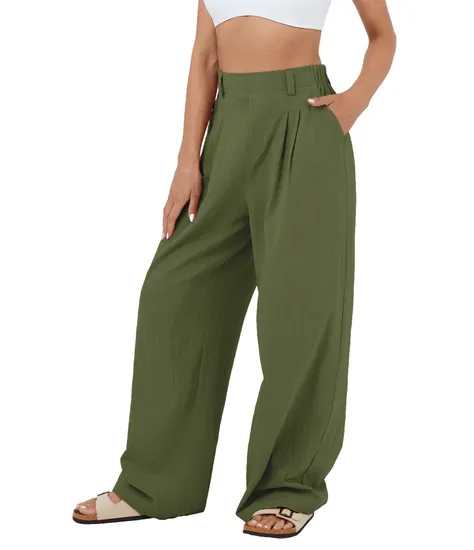 Women′s High Waisted Plicated Flowy Solid Palazzo Casual Cotton Trousers with Side Pocket
