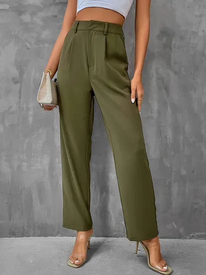 Women′s Elegant High Waist Casual Relaxed Fit Solid Long Pants Office Trousers