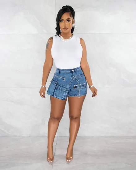 L412 Stretch Denim Cargo Zippered Denim Shorts with Multi-Pocket
