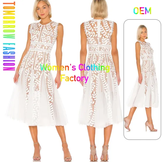 OEM Fashion Summer Custom Logo Floral Applique Latest New Design Women Lady Elegant Clothing Wholesaler White MIDI Casual Dresses with Mesh Lace Trim