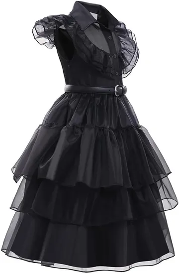 3-12 Years Wednesday Addams Dress Gifts for Girls Cosplay Black Party Gown