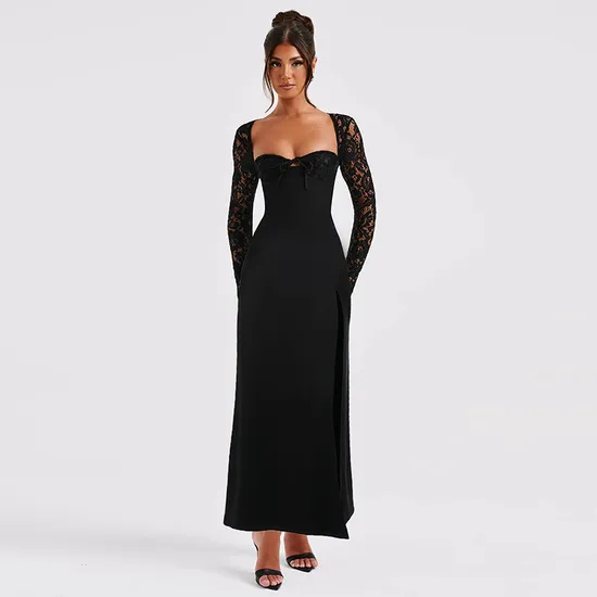 Fashion Autumn Women′s Lace Elegant Evening Party Long Slevee Dresses Casual Dress