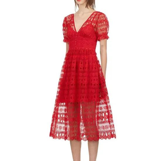Custom Fashion Ladies Short Sleeve Red Floral Crochet Lace MIDI Sleek Ladies Party Dress