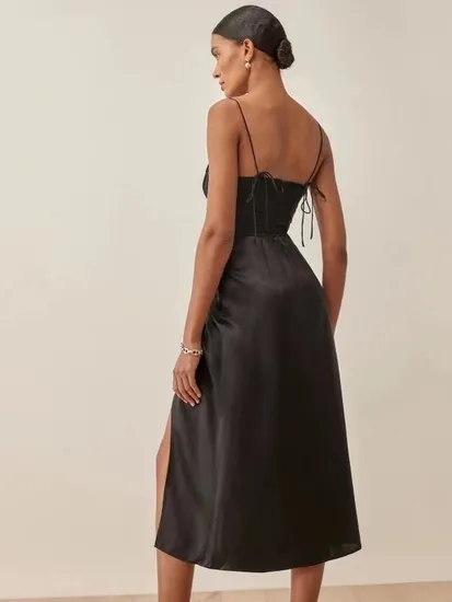 Summer New Sexy Hot Girl Style Side Wrinkled Satin Women′s Suspender Long Dress