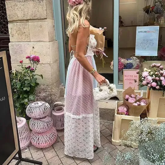 Summer Women′s Birthday Party with Neck Tie and Floral Lace Patchwork Dress