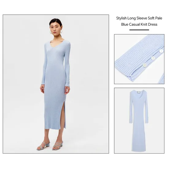 Stylish Long Sleeve Soft Pale Blue Casual Knit Dress for Sale