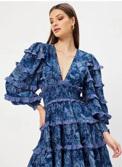 Women Elegant Sexy V Neck Backless Frill Printed Dress
