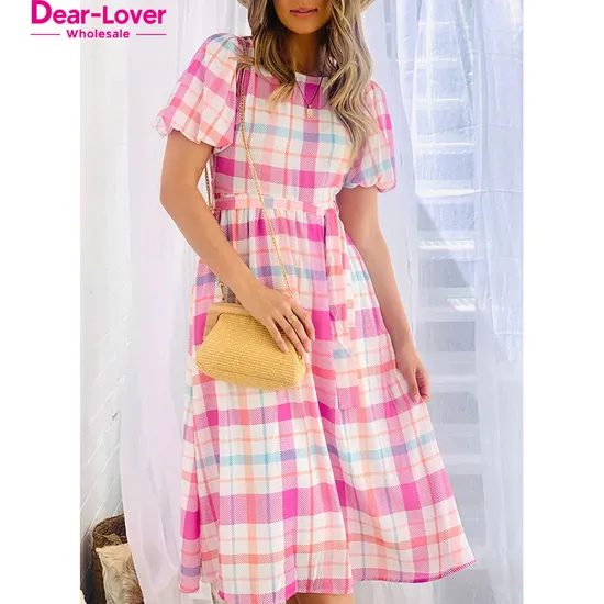 China in Stock Fast Shipping Checkered Puff Sleeve Belted MIDI Casual Dresses Women