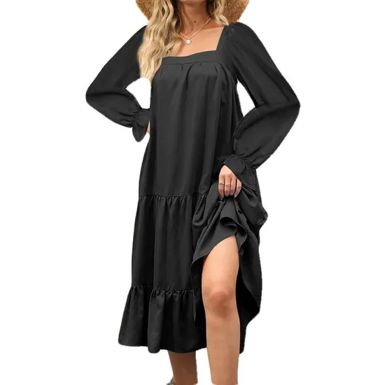 Autumn Hot Sales Women Relaxed Loose Pleated Long Sleeve Beach Hem One-Piece Set Dress