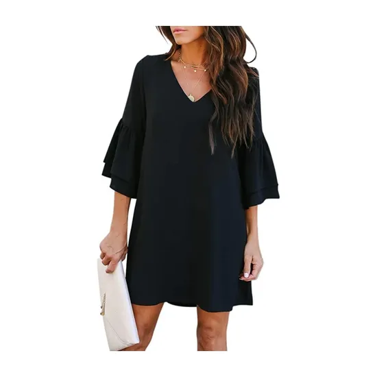 Women′s 2023 Summer Dress Sweet Cute V-Neck Bell Sleeve Shift Dress Mini Dress for Wedding or Graduation