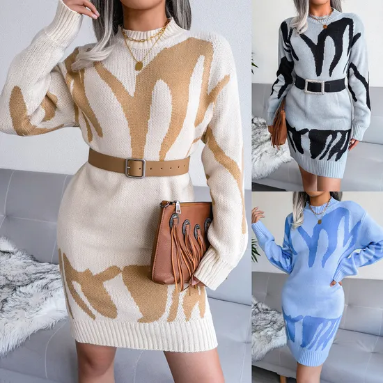 Long Sleeve Loose Winter Pattern Women Knitted Sweater Dress