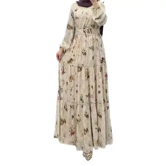 Elegant High-Waist Pearl Embellished with Plain Pigment Mesh Maxi Islamic Clothing Muslim Dresses