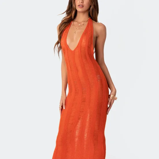 Sexy See-Through Halter V Neck Backless Solid Color Maxi Women Knitted Dress Beach Cover up