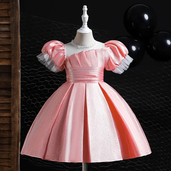 Europe and The United States New Children′s Skirt Bubble Sleeve Satin Cloth Pompadour Host Catwalk Performance Girl Dress Princess Dress