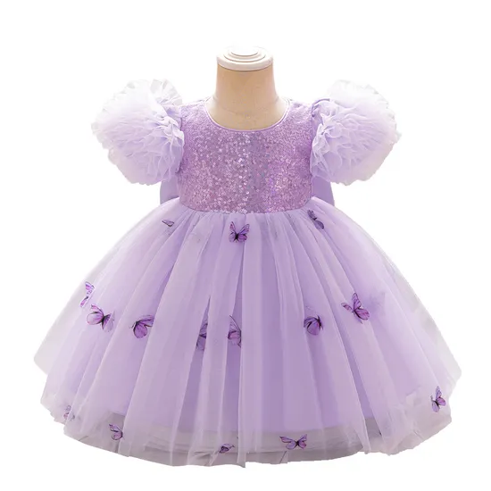 New-Year′s Eve 3D Print Princess Little Girl Bubble Sleeve Purple Mesh Dress