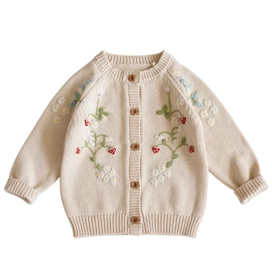Fashion for Children′s Kids Gril Cotton Knitted Coat Flower Print Long Sweater