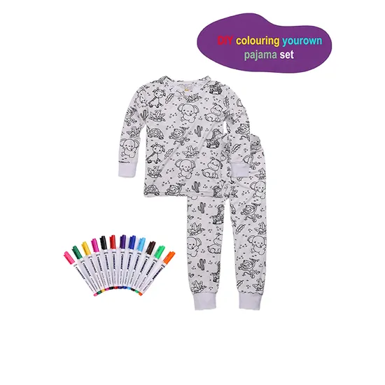 Wholesale Kids Cartoon Graffiti Pajamas DIY Colouring Pajiama Sets Long Sleeve Bamboo Viscose Coloring Pajamas for Kids with Markers