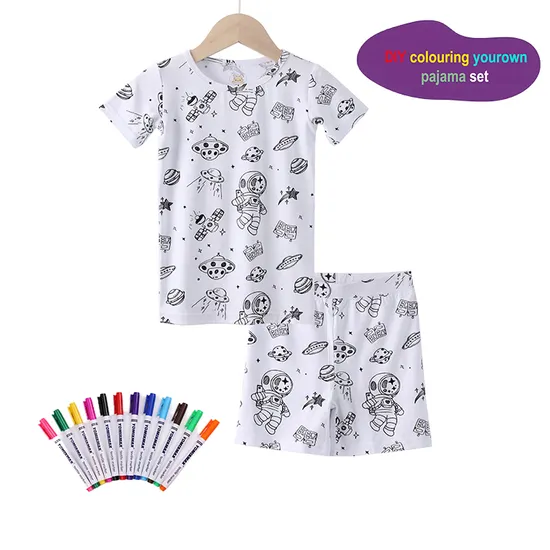 New Design Baby Girls Outfits Custom Print Bamboo Pajamas Sets Short Sleeve DIY Colouring Pajama Sets