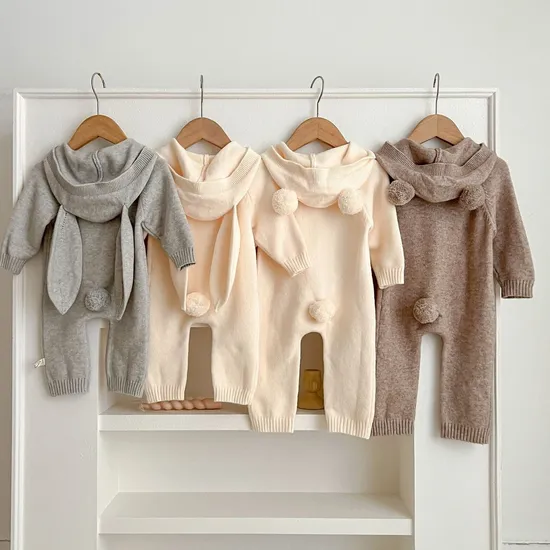 Autumn Baby Knitwear Clothing Kids Toddlers Cute Little Bear Ears Rabbit Ears Hooded Crawling Suit Sweater Rompers Jumpsuit