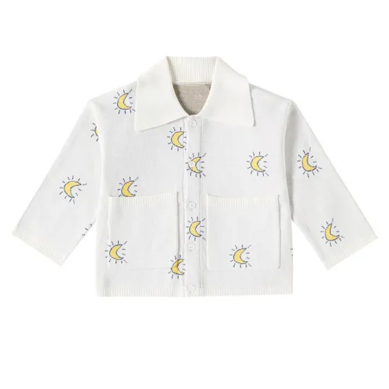 Kids′ Cozy Button-up Cardigan with Sun Jacquard Design