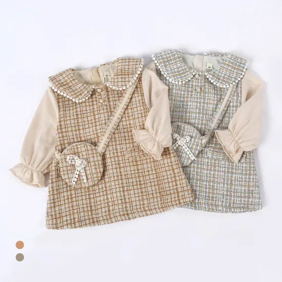 Girls Korean Style Long-Sleeved Fake Two-Piece Lapel Fashion Dress