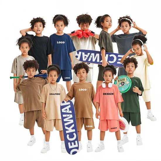 Luxury Wholesale Custom Logo Summer Children Kids Wear Apparel Boys Girls Tracksuits Clothing Heavyweight 100% Cotton 2 Pieces T Shirt Shorts Sets