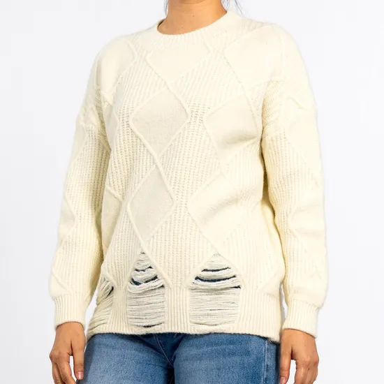 Round Neck Cut Graphic Texture Pullover Beige Sweater
