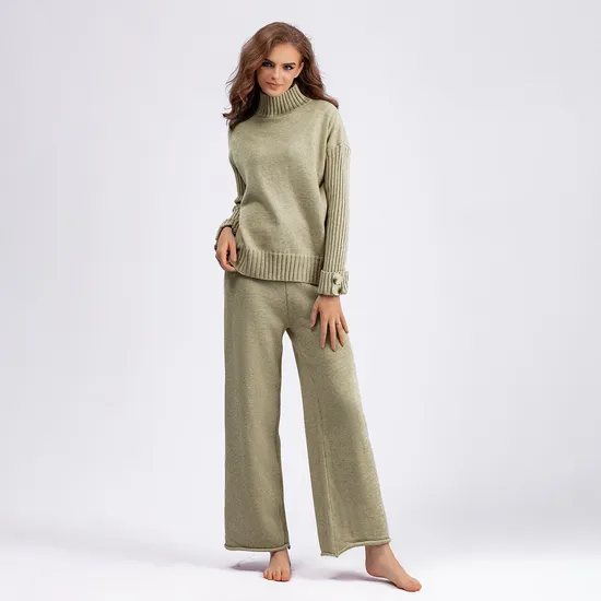 Fashion Solid Color Half High Neck Casual Commuter Women′s Loose Sweater Set