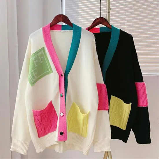 Wholesale High Quality Women Clothes Patchwork Customisation Knit Cardigan Factory Sweater