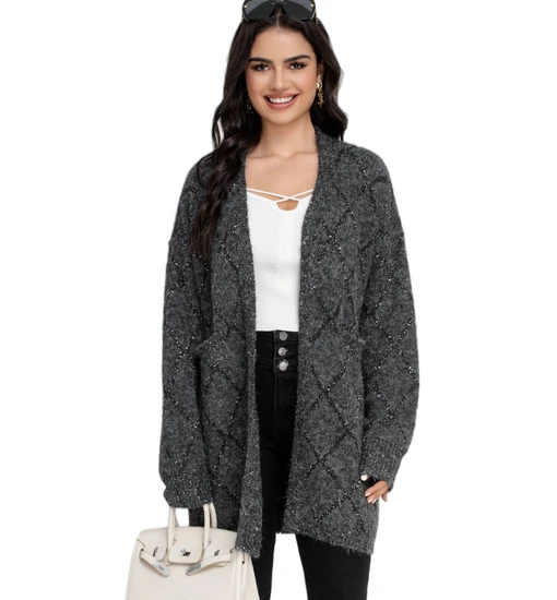 Trendy Gray Knit Cardigan Sweater with Sequin Design for Women