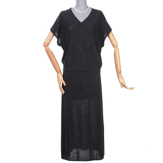 Fashion Black Short Sleeve and Skirt Sequin Set for Women Sweater
