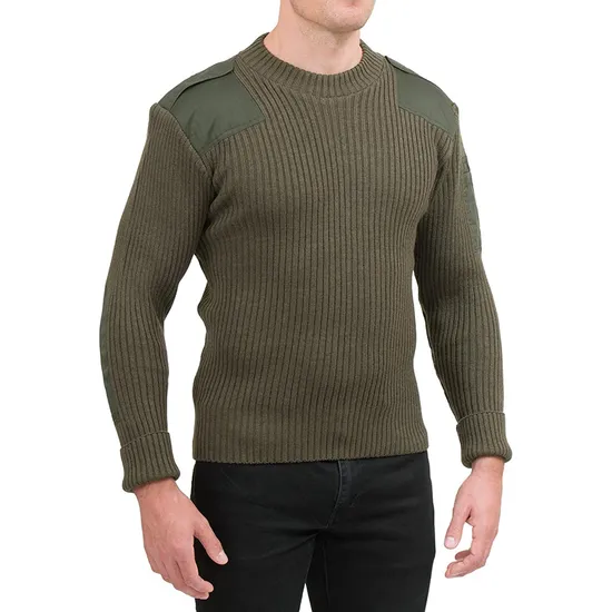 Olive Green Wool Pullover with Elbow Pad and Shoulder Epaulet Acrylic Sweater