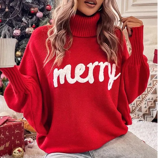 Christmas Merry Letter Sweater Bat Sleeved Turtleneck Sweater Loose Christmas Sweater